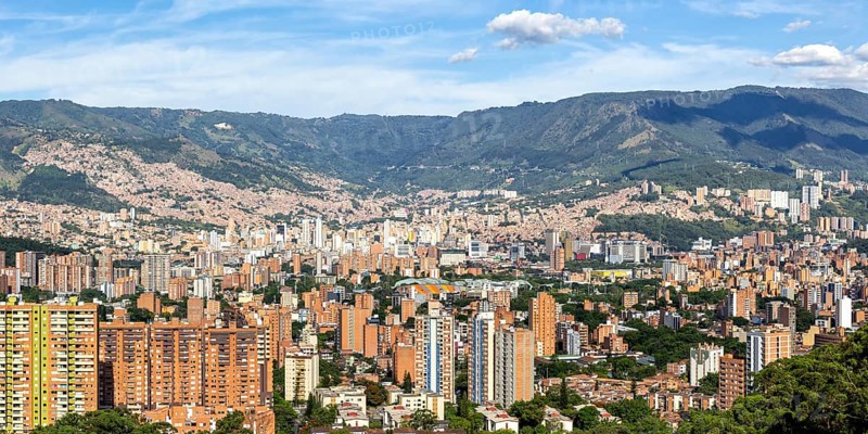 Medellin skyline view of skyscrapers from Calasanz with downtown panorama in Medellín, Colombia