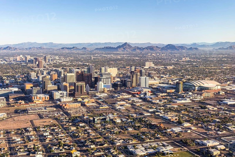 Phoenix Arizona downtown skyline with skyscrapers aerial view from above in Phoenix, USA