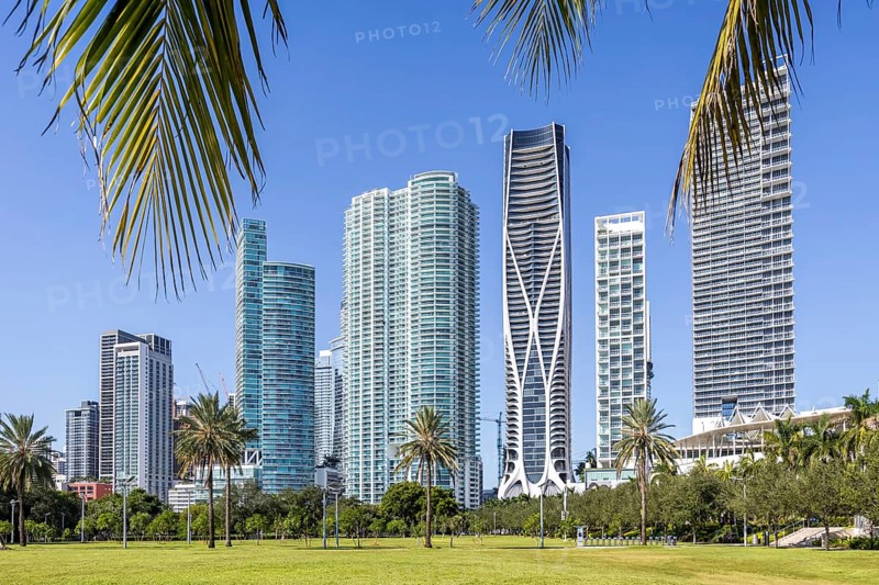 Miami skyline with high-rise real estate at Maurice A. Ferré Park Florida vacation in Miami, USA