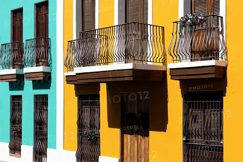 Puerto Rico, San Juan colorful street and colonial architecture in historic city center