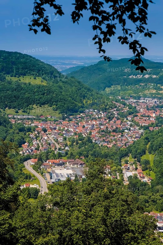 View of Lichtenstein Castle, view of the Echaz Valley and Lichtenstein-Unterhausen, Albtrauf, houses, trees, bushes, mountains, Honau, Municipality of Lichtenstein, Swabian Jura, Baden-Württemberg, Germany