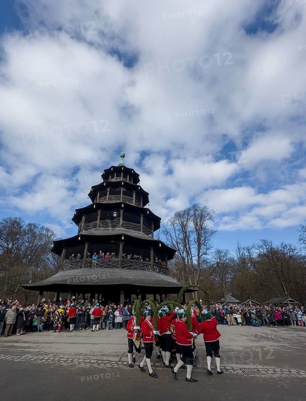 Schaeffler dance in 2026 in the English Garden, behind the Chinese Tower. The event takes place every 7 years between Epiphany and Shrove Tuesday, Munich, Bavaria, Germany