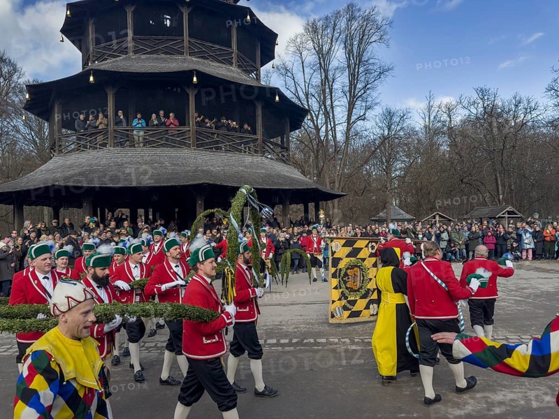 Schaeffler dance in 2026 in the English Garden, behind the Chinese Tower. The event takes place every 7 years between Epiphany and Shrove Tuesday, Munich, Bavaria, Germany
