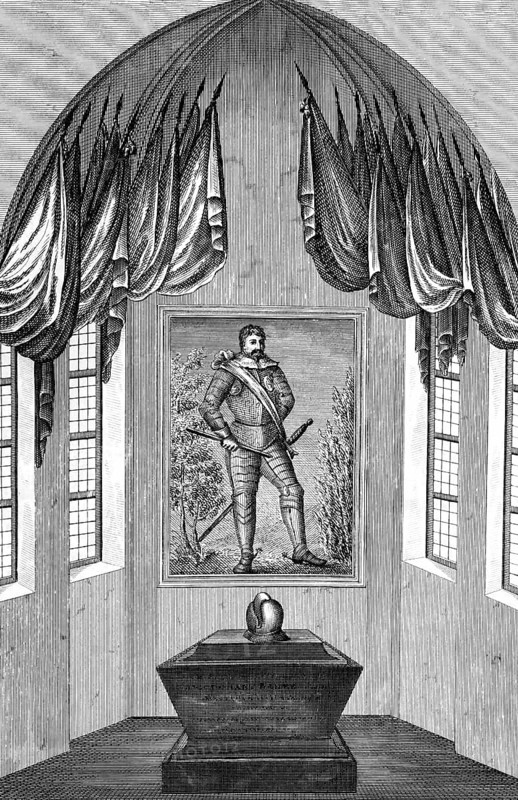 Tomb of Johan Banér (1596-1641) or Johan Banner, Johan Banier, Stockholm, Sweden, Swedish field marshal, Thirty Years' War, architecture, room, niche, coffin, window, portrait, commemoration, flags, steel engraving, historical illustration 1835
