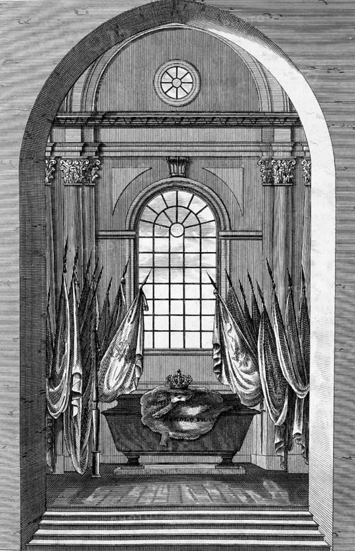 Tomb of Charles XII of Sweden (1682-1718) and Duke of Bremen and Verden, Stockholm, Sweden, architecture, niche, coffin, flags, window, royal crown, steps, commemoration, steel engraving, historical illustration 1835