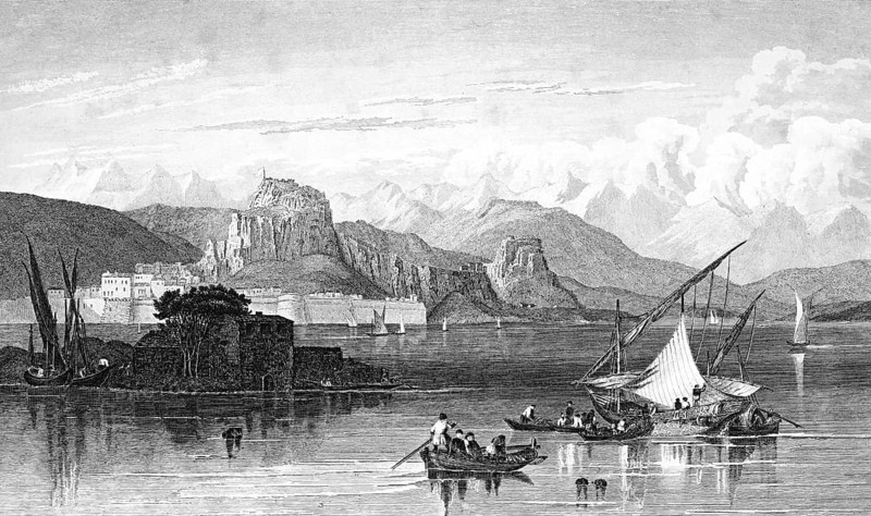 Corfu island, Ionian Sea, Mediterranean Sea, Greece, many sailboats, transport, loads, trade, goods, rowing boat, people, mountain landscape, rocky coast, coastal town, architecture, steel engraving, historical illustration 1835