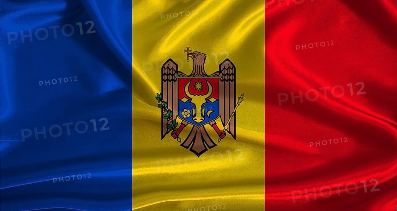 Moldova flag with cloth textured background. National flag of Moldova with realistic texture