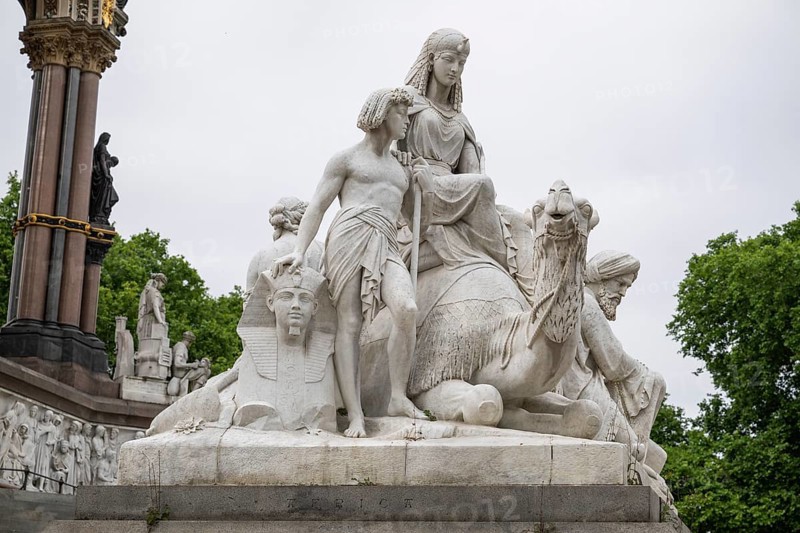 African group, neo-gothic Albert Memorial, monument to Prince Albert, wife of Queen Victoria, Kensington Gardens, London, England, Great Britain
