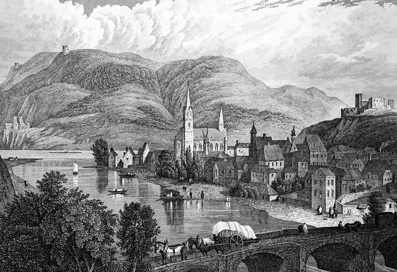 Bingen am Rhein, Rhineland-Palatinate, Germany, cityscape, small town, Rhenish mountains, church, bridge, horses pull covered wagons, castle, banks of the Rhine, people, rowing boats, buildings, architecture, history, steel engraving, historical illustration 1835