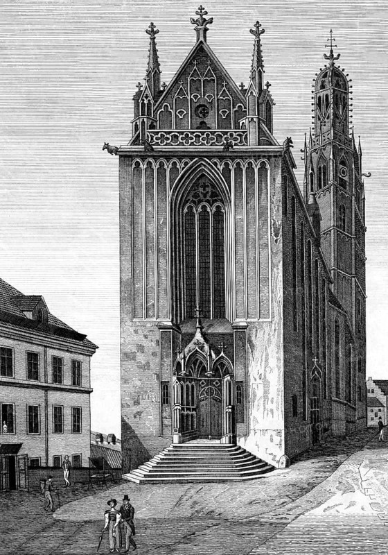 Mariakirche in Vienna, Austria, Gothic, staircase, east side, entrance, towers, city, people, narrow building, architecture, history, steel engraving, historical illustration 1835