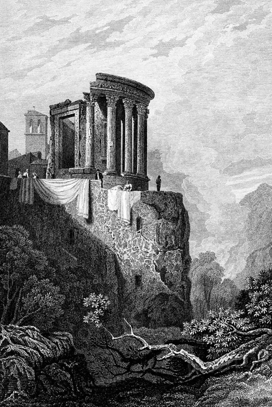 Tempio di Vesta, temple of the goddess Vesta, Tivoli, Rome, Lazio region, Italy, Roman round temple, antiquity, Sibyl Albunea, hill, valley, mountains, columns, church tower, ruin, trees, buildings, architecture, history, steel engraving, historical illustration 1835