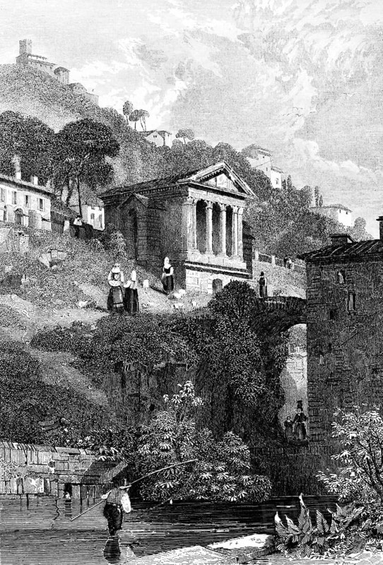 Tempietto sul Clitunno, Clitunnus temple, near Spoleto on the Marroggia River, Umbria, Italy, steep slope, mountain, pillars, trees, woman, man, fisherman, fishing rod, fishing, building, architecture, history, steel engraving, historical illustration 1835