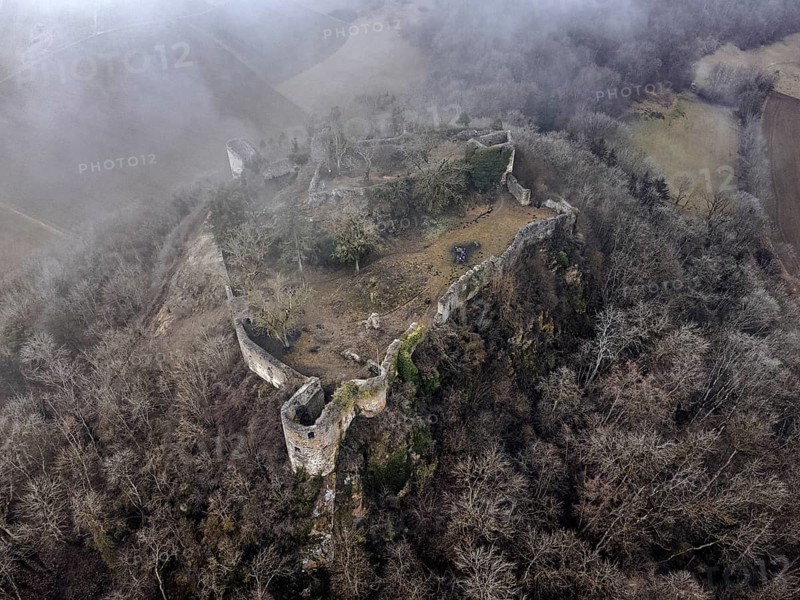 Aerial view of the ruins of Mägdeberg Castle in Hegau on a foggy winter day, Mühlhausen-Ehingen, district of Konstanz, Baden-Württemberg, Germany