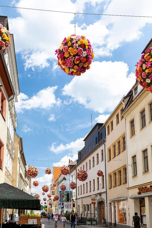Petersstraße pedestrian zone in downtown Freiberg, Saxony, Germany