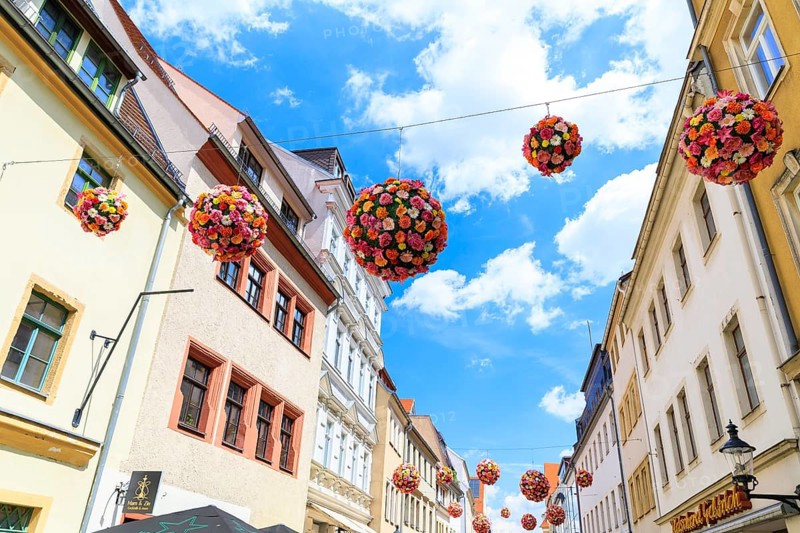 Petersstraße pedestrian zone in downtown Freiberg, Saxony, Germany