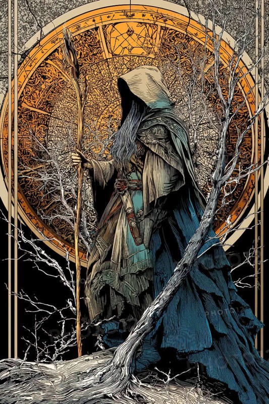 Modern representation of tarot card The Hermit symbolizing enlightenment, soul searching, introspection, contemplation, solitude, Inner wisdom, AI generated