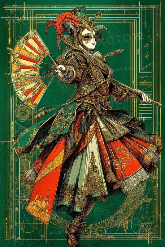 Modern representation of tarot card The Harlequin symbolizing duality, transformation, wit, adaptability, AI generated