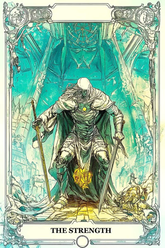 Modern representation of tarot card The Strength symbolizing courage, bravery, confidence, compassion, power, AI generated