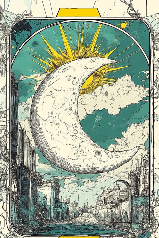 Modern representation of tarot card The Moon symbolizing illusion, dreams, deception, fear, insecurity, subconscious, AI generated