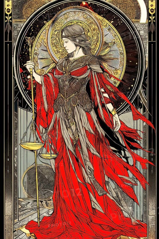 Modern representation of tarot card The Justice symbolizing justice, law, truth, honesty, integrity, AI generated