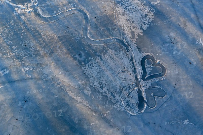 Lake, frozen, ice, heart, art, hoarfrost, cold, winter, sunny, aerial view, Riegsee, Murnau, foothills of the Alps, Bavaria, Germany