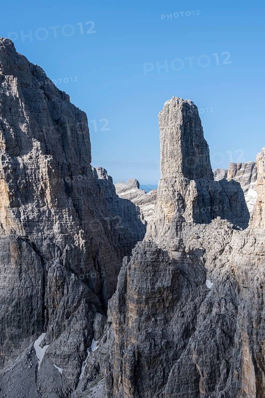 Campanile Alto pinnacle, Bocchette Centrale band trail, via ferrata in the Brenta Mountains, Brenta-Adamello Natural Park, Trentino, Italy