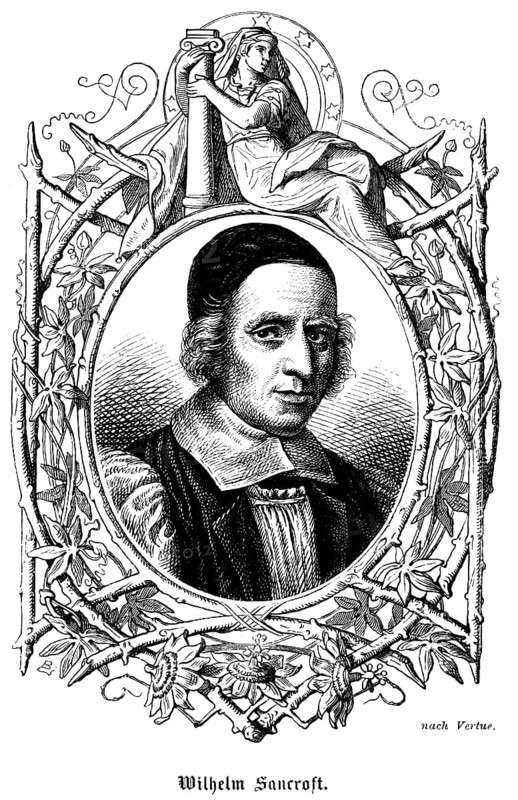 William Sancroft (1617 - 1693) England, Archbishop of Canterbury, Archbishop, Church of England, church, religion, Christian faith, portrait, cap, collar, ornamentation, woman, column, historical illustration 1863