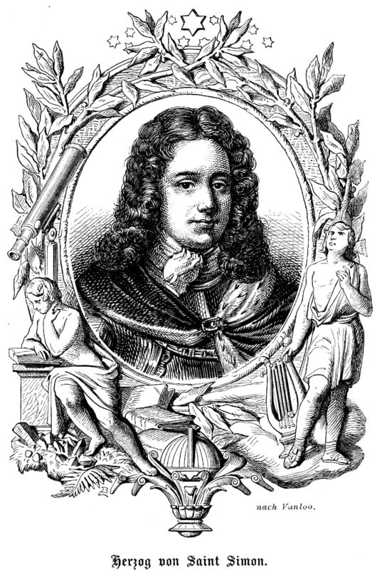 Duke of Saint Simon, French and Spanish dukes from 1635-1865 France, department Aisne, portrait, wig, curls, scarf, serious look, ornamentation, stars, harp, book reading, telescope, leaves, historical illustration 1863