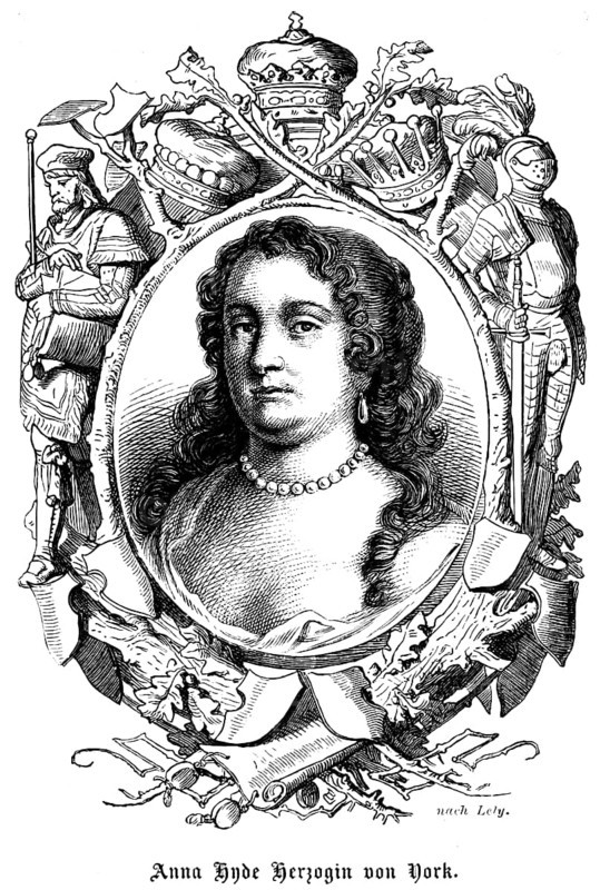 Anne Hyde Duchess of York (1637 - 1671) Duchess, married to James, Duke of York and Albany, later James VII and II, England, portrait, sceptical look, long hair, curls, earrings, neckline, ornamentation, crown, sword, seal, armour, knight, historical illustration 1863