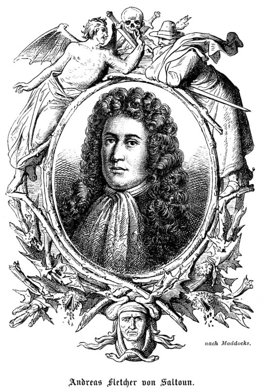 Andrew Fletcher of Saltoun (1655 - 1716) Scotland, writer, military leader in the Monmouth Rebellion, opponent of the 1707 Act of Union, union of England and Scotland, portrait, wig, curls, kerchief, serious look, ornamentation, symbolism, skulls, swords, death, historical illustration 1863