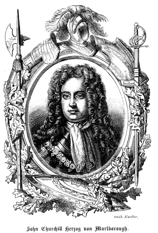 John Churchill 1st Duke of Marlborough (1650 - 1722) Duke, Prince of the Holy Roman Empire, Prince of the Holy Roman Empire, 1st Prince of Mindelheim, England, General of the British Army, Monmouth Rebellion, British Army, portrait, wig, curls, scarf, necklace, ornamentation, feather, helmet, sword, halberd, knight, historical illustration 1863