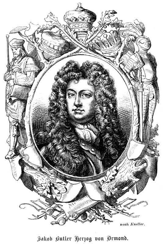 James Butler 1st Duke of Ormond, First Duke (1610 - 1688) England, Knight of the Garter, Knight of the Order of the Garter, Lord Lieutenant of Ireland, Administrator Ireland, portrait, wig, curls, kerchief, serious look, ornamentation, crown, sword, seal, armour, knight, historical illustration 1863