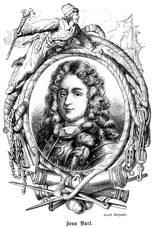 Jean Bart or Jan Baert (1650 - 1702) Flanders, France, Franco-Flemish privateer, later admiral of the French navy under King Louis XIV, portrait, wig, curls, smile, ornamentation, blessing ship, cannons, anchor chains, sailor, historical illustration 1863