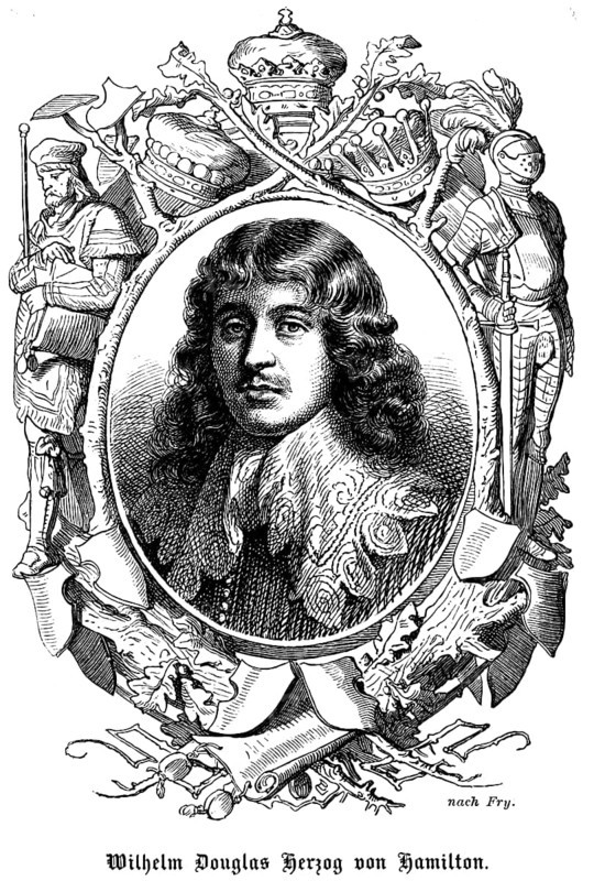 William Douglas Duke of Hamilton (1634 - 1694) Duke, Lord William Douglas, Earl of Selkirk, Earl, 17th century, Scotland, portrait, Scottish politician, royalist, wig, curls, serious look, moustache, ornamentation, crown, sword, seal, armour, knight, historical illustration 1863