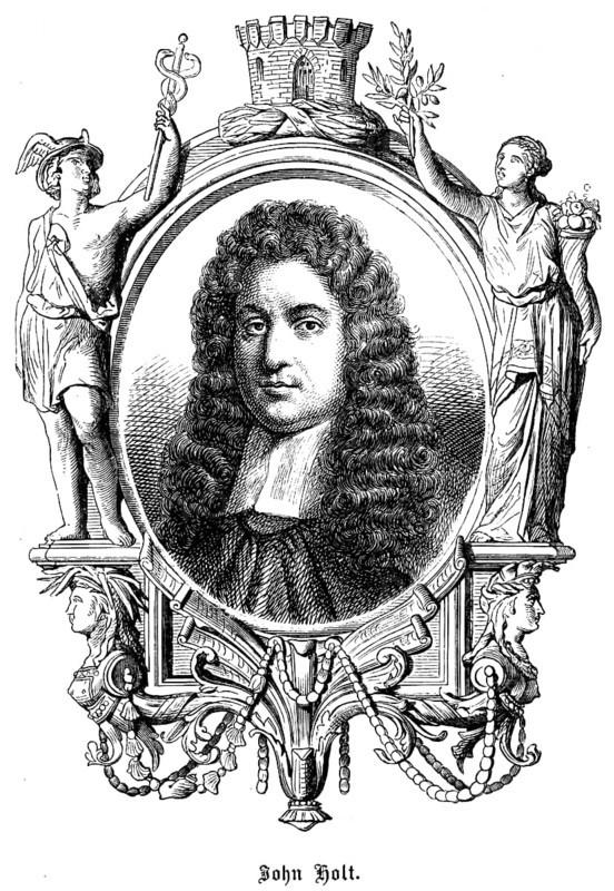 John Holt (1642 - 1710) Lord Chief Justice of England, supreme judge of England and Wales, legislation, ended witch-hunts, portrait, wig, curls, ornamentation, defence defence tower, woman, branch, man, staff, snakes, historical illustration 1863