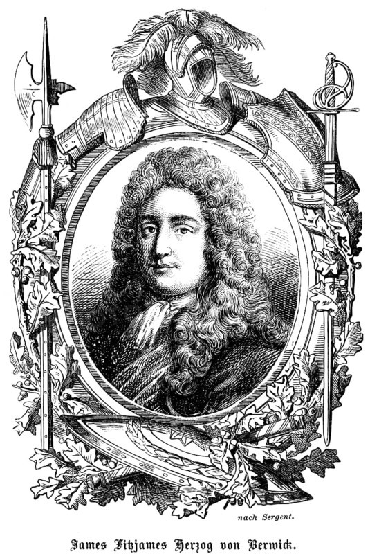 James Fitzjames 1st Duke of Berwick England (1670 - 1734) First Duke of Berwick, illegitimate son of James II of England and Arabella Churchill, his royal mistress, Commander of the Jacobites, Knight, Order of the Garter, bearer of the Order of the Garter, portrait, wig, curls, kerchief, serious look, ornamentation, feather, helmet, sword, halberd, knight, historical illustration 1863