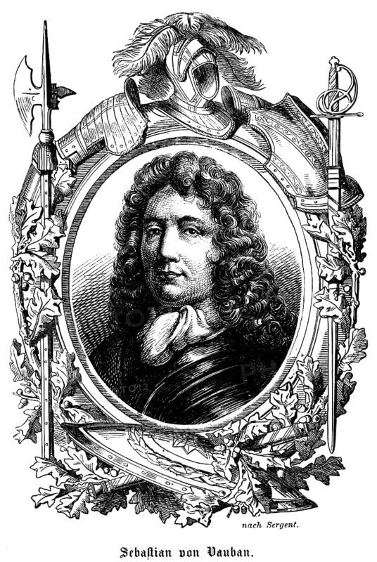 Sébastien Le Prestre, Marquis of Vauban (1633, 1707) France, officer in the royal French army under Louis XIV, member of the French Academy of Sciences, portrait, wig, curls, scarf, serious look, ornamentation, pen, helmet, sword, halberd, knight, historical illustration 1863