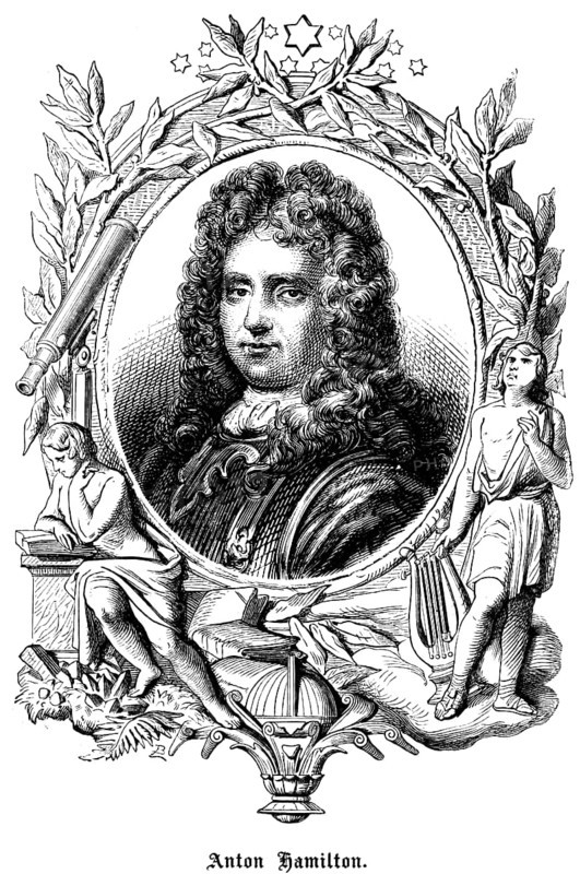 Anthony Hamilton or Antoine comte d'Hamilton (c. 1645 - 1719) Ireland, soldier in French service, poet and writer, portrait, wig, curls, scarf, serious look, ornamentation, stars, harp, reading a book, telescope, leaves, historical illustration 1863