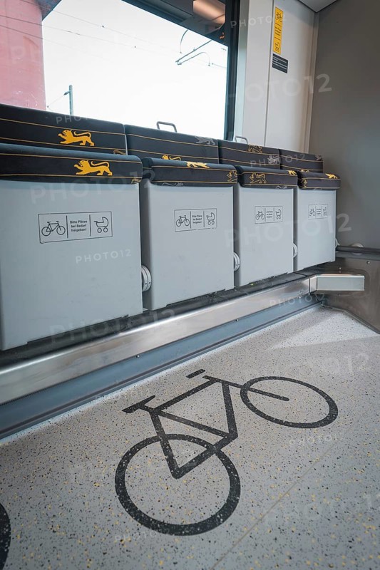 Detailed view of a bicycle parking space in a train compartment with folding seats, battery electric train Siemens Micro Plus B, Hermann, Hesse, Bahn, Weil der Stadt, Böblingen district, Germany