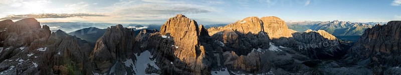 Impressive mountain peaks of the Brenta Mountains, sunrise, 360 degree alpine panorama, aerial view, Brenta, Brenta-Adamello Natural Park, Trentino, Italy