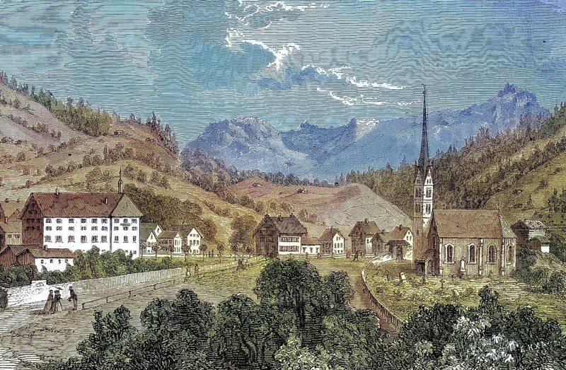 View of Seewis im Prättigau is a municipality in the Davos region in the Swiss canton of Graubünden/view of Seewis im Prättigau is a municipality in the Davos Region in the Swiss Canton of Grisons, historical, digitally restored reproduction of an original original from the 19th century, exact original date unknown, subsequently colored