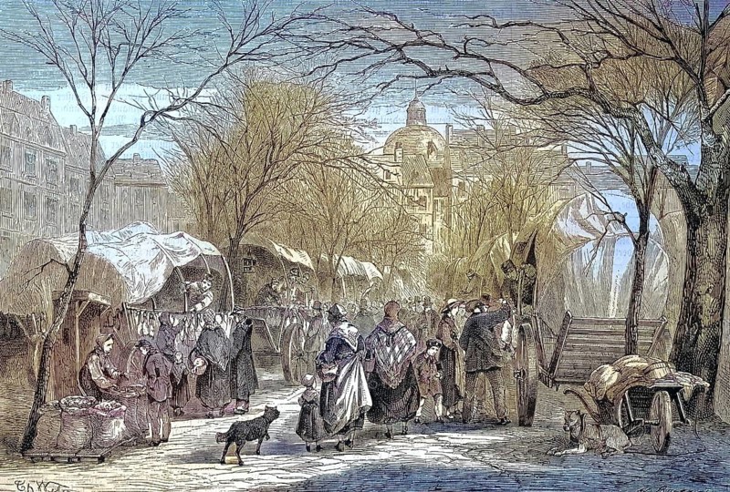 The Gänsemarkt is a public square in Berlin, Germany/Gänsemarkt, Geese brand, is a public square in Berlin, Germany, historical, digitally restored reproduction of an original original from the 19th century, exact original date unknown, subsequently colored