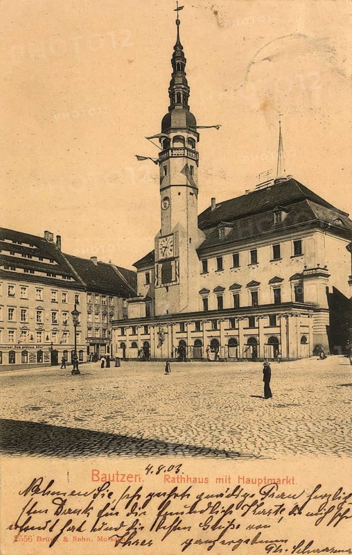 Historical postcard around 1900, Bautzen, town hall and main market, Saxony, Germany, digital reproduction of a historical postcard, public domain, from that time, exact date unknown