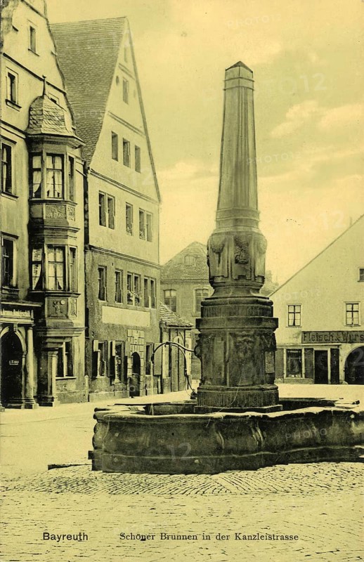 Historical postcard around 1900, Bayreuth, Schöner Brunnen in der Kanzleistraße, Upper Franconia, Bavaria, Germany, digital reproduction of a historic postcard, public domain, from that time, exact date unknown