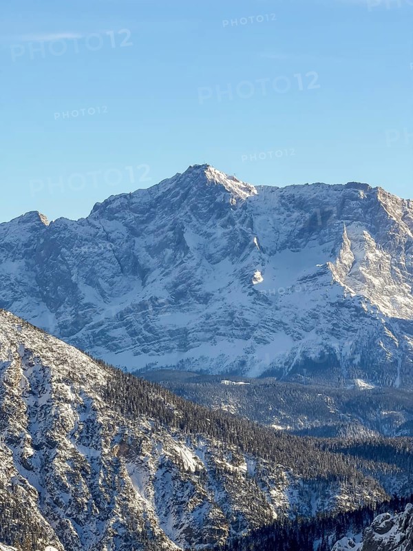 Zugspitze peaks, snowy mountain peaks, view from Tegelberg in winter, Schwangau, Allgäu Alps, Bavaria, Germany
