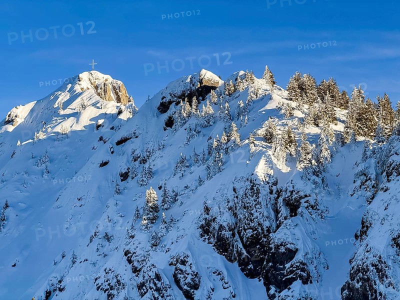 Snow-covered summit of Branderschrofen with summit cross, Tegelberg in winter, Schwangau, Allgäu Alps, Bavaria, Germany