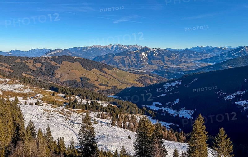 View of Kelchsau valley, mountain landscape, in the back Hohe Salve and Wilder Kaiser, Kitzbühel Alps, Tyrol, Austria