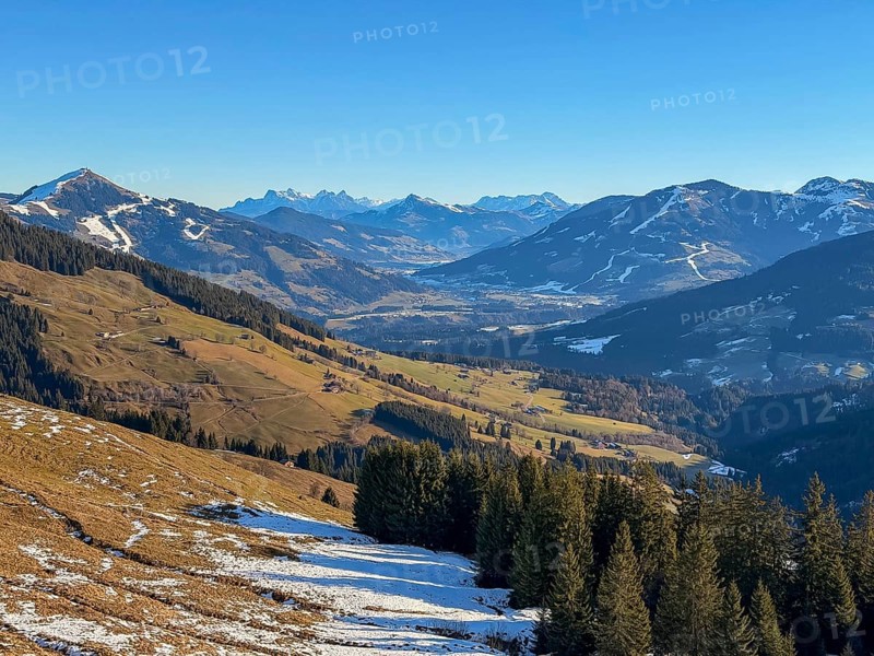 View of Brixental with Hoher Salve, hiking to Feldalphorn, Kitzbühel Alps, Tyrol, Austria