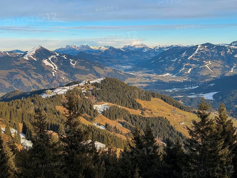 View of Markbachjoch ski area and Brixental with Hoher Salve, hiking to Feldalphorn, Kitzbühel Alps, Tyrol, Austria