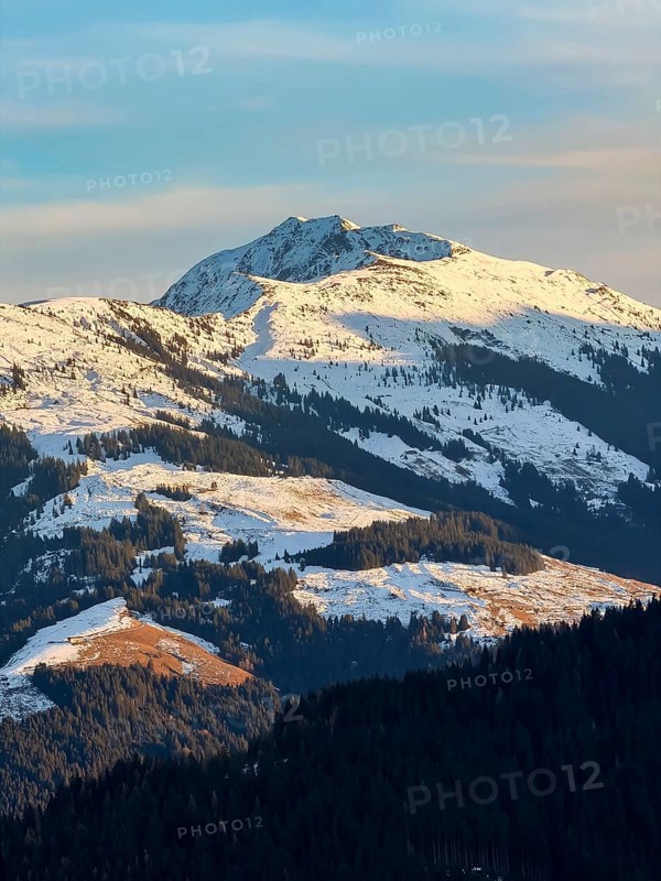 Snowy mountain peak in evening light, Kelchsau, Kitzbühel Alps, Tyrol, Austria